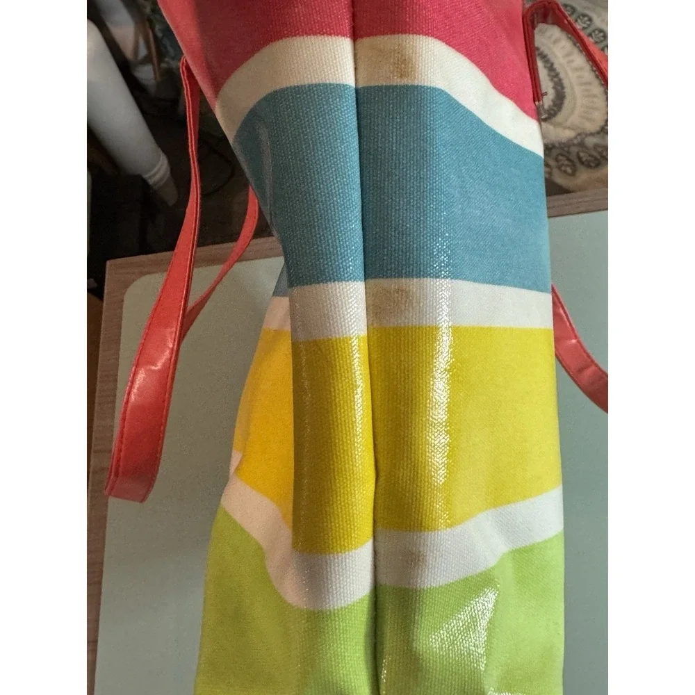 CHI for Ulta Beauty Pink Blue Yellow Green Striped Tote Bag Vinyl Easy Clean